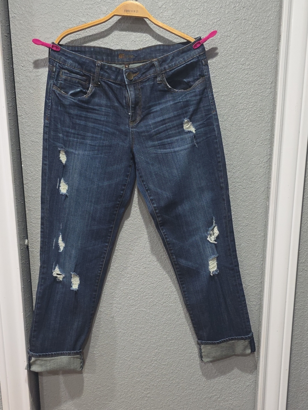 Kut from the Kloth Dark Blue Distressed Boyfriend Jeans with Rolled Cuffs